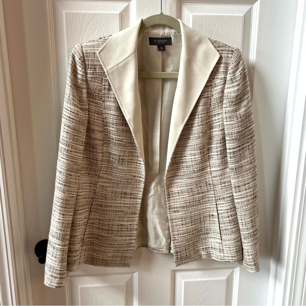 ⭐️ Liz Claiborne Suits Open Tweed Blazer Brown Ivory Size 8P - Picture 3 of 13